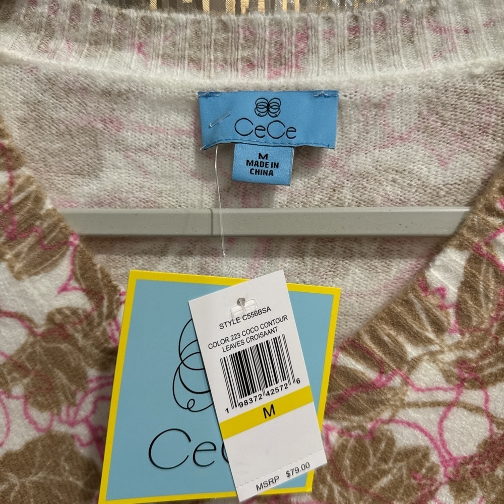 CeCe Women Medium V-Neck Sweater Soft Knit Beige Pink Leaf Pattern Pullover NWT - Picture 3 of 12